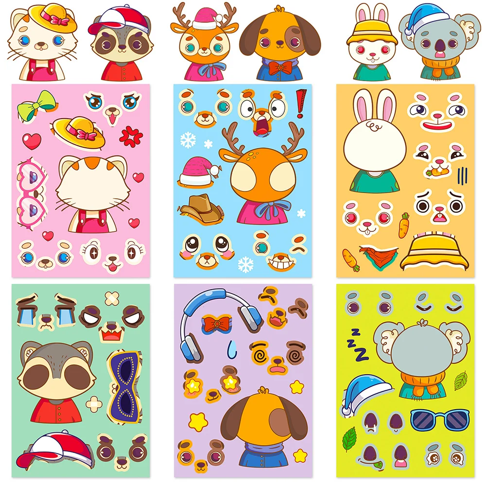 

6/12pcs Make a Face Animal Puzzle Stickers Game Children Cute Decals Kid Education Toy Funny DIY Assemble Jigsaw Party Favors