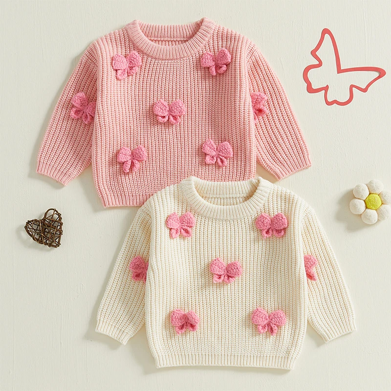 Spring Autumn Newborn Baby Girl Knitted Long Sleeve Sweater 3D Bowknot Pullover Casual Tops Toddler Clothes 9M-4Y