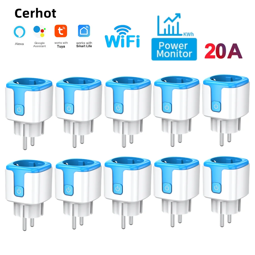 Cerhot 20A Tuya WiFi Plug Smart Socket Adapter Home Alexa Voice Control With Energy Monitering Timer Function Power Outlet Set
