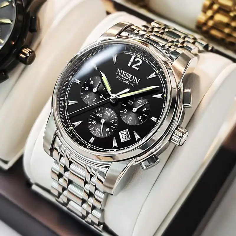 

NESUN Автоматические механические мужские часы, многофункциональные светящиеся классические деловые мужские часы из нержавеющей стали 9801