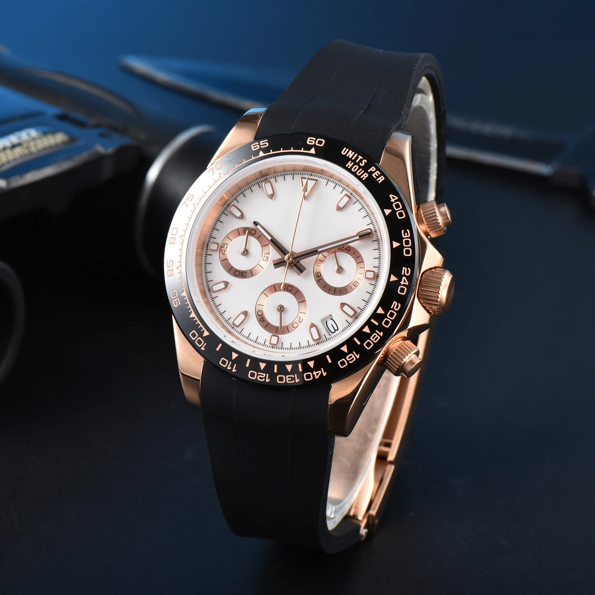 Relógio Quartzo Impermeável de Aço Inoxidável Masculino, Multifunções, Pulseira de Borracha, Data, Esporte, Moda Luxo, VK63, 904L