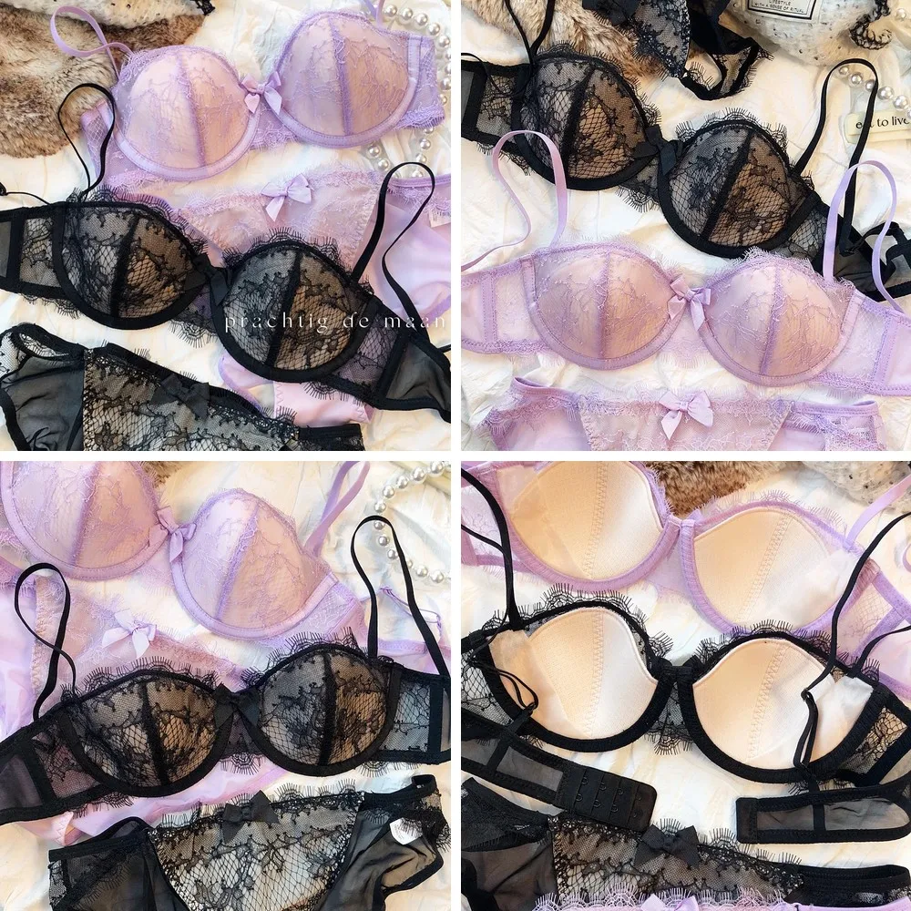 

French Lace Half Cup Bra Set, Push Up Anti-Sagging for Large Breasts, Sexy Underwear with Soft Steel Ring