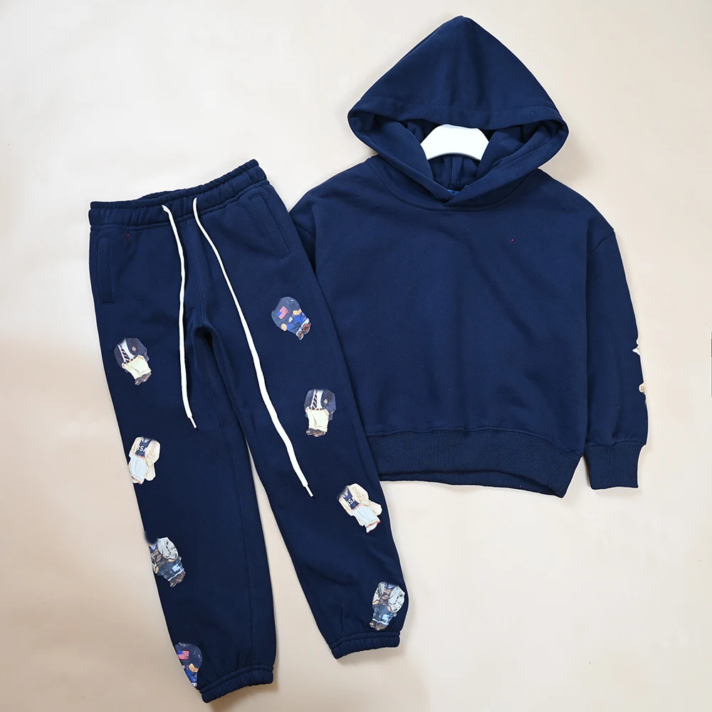 

Autumn Winter Kids Hooded Fleece Lined Sweatshirt Pants Set Cartoon Print Thickened Soft Material Unisex 4-10 Years Old