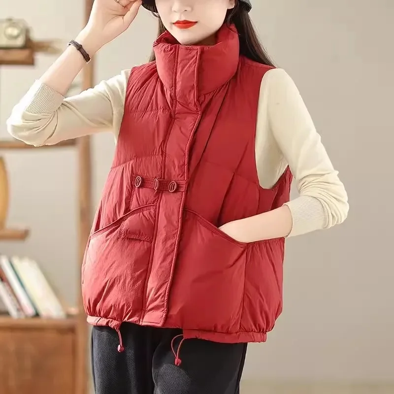 2024 New Winter Korean Down Vest Women Short Vest Windproof Lightweight Warm Waistcoat Female White Duck Down Down Coat Sleevele