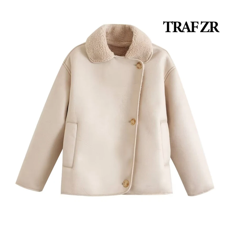 

TRAF ZR Elegant 2024 Winter Coat Synthetic Leather & Skin Female Suede Coat Turn-down Collar Faux Fur Jacket for Women Outerwear