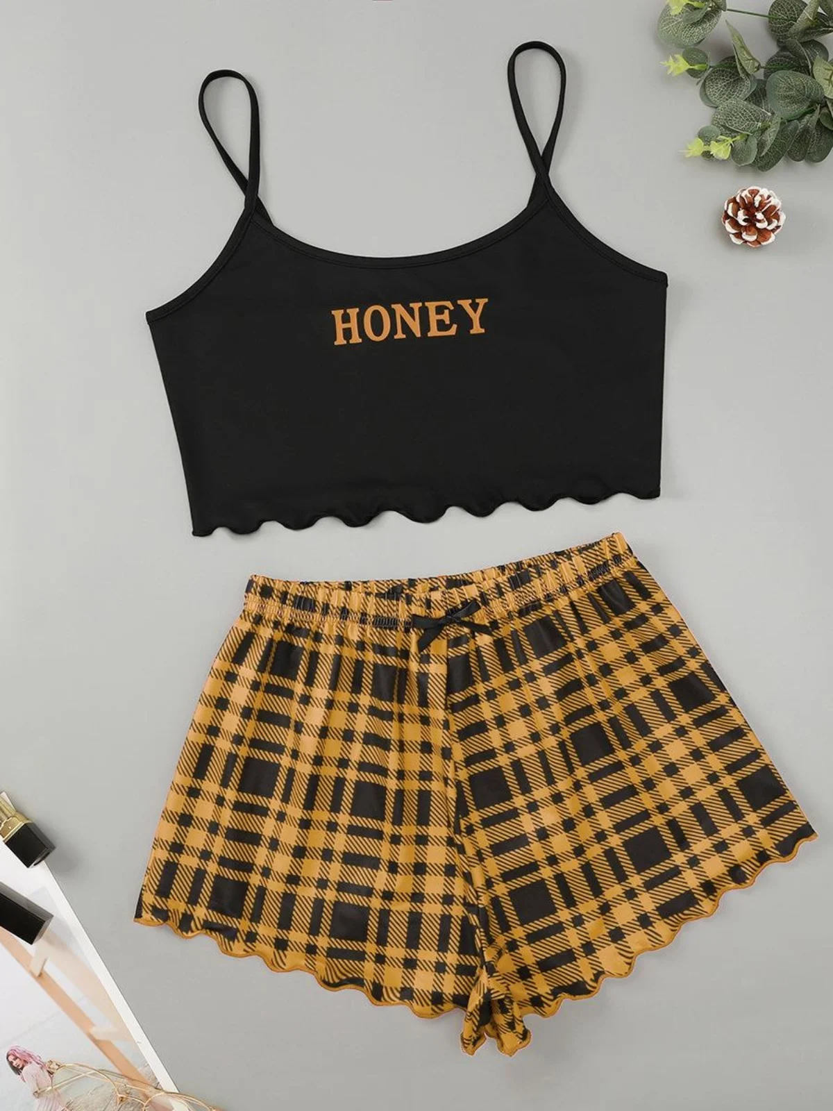 

New Plaid Printed Susp Top And orts Set for Women Summer Home Wear Sexy Sle Thin Material round Neline No Sves