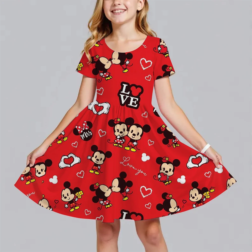 

New Minnie; Mickey Mouse Print Children's Clothing Girls Summer Short Sleeve Dress Princess Thin Skirt Cosplay Sundress