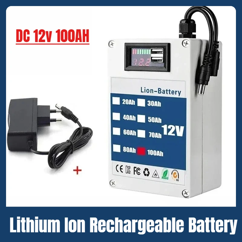 

DC 12v 100AH Lithium Ion Rechargeable Battery High Capacity Ac Power Charger with 4 Kinds of Traffic Development +USB Charging