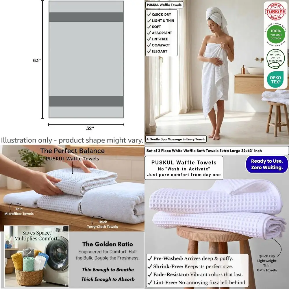 

Набор банных полотенец из 100% хлопка, 2 штуки, белые, 32x63 дюйма, очень большие, быстросохнущие, премиум-качество