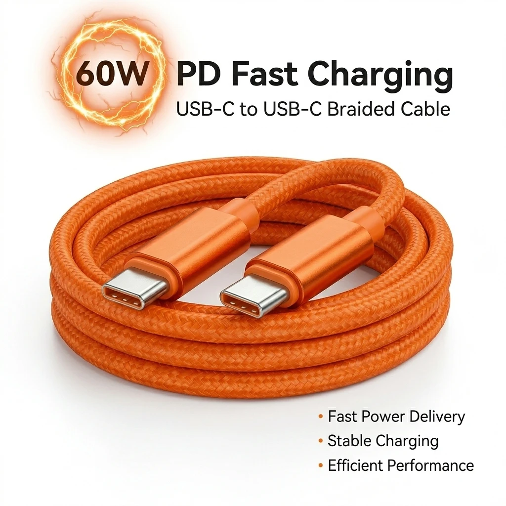 60W PD Type C to Type C Cable Fast Charging Braided USB C Cord For iPhone 15 16 17 Pro Max For Samsung S26 S25 Xiaomi Macbook