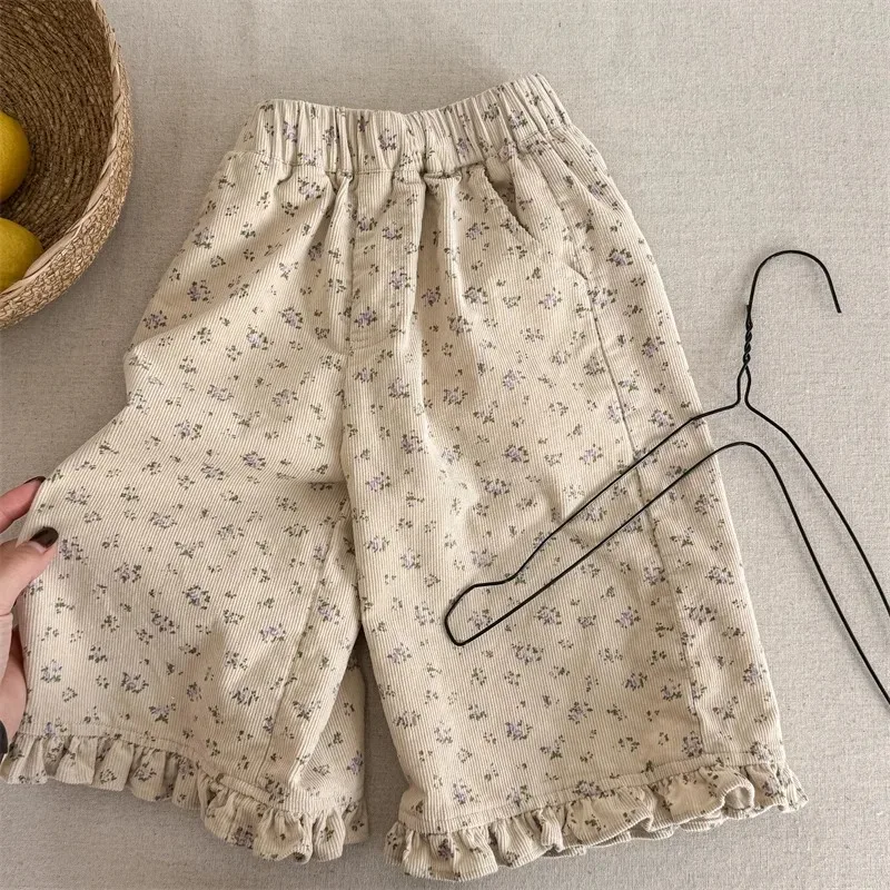 

2025 New Spring Baby Girls Wide Leg Pants Floral Printed Korean Style Corduroy Ruffles Toddlers Kids Casual Trousers