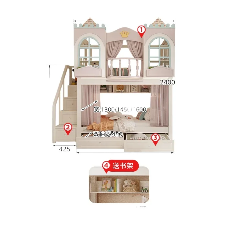 All solid wood double-layer climbing bed, dream castle, tree house with the same width up and down