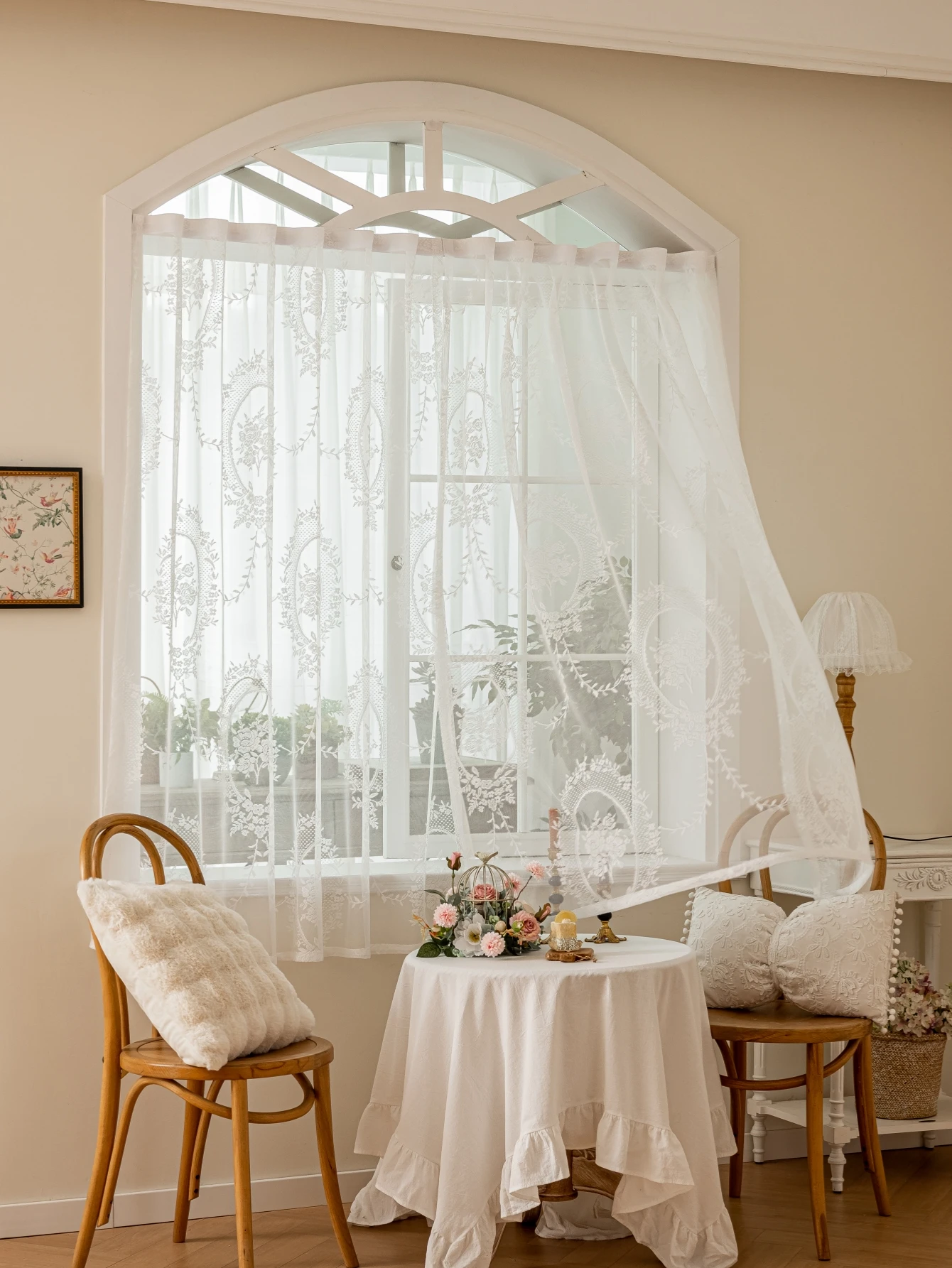 Lace Curtains White Flower Embroidered Single Panel No Drill Hook And Loop Fastener kitchen curtains Sheer Curtain Romantic