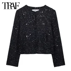 TRAF Women's Blazer Textured Sequins Outerwears Office Wear Women 2024 New In Coats Black Long Sleeve Blazer Autumn New Products