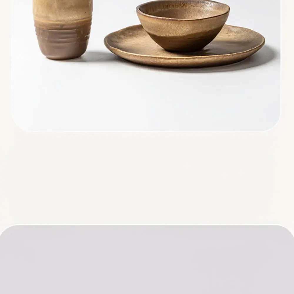 Home Kitchen Retro Ceramic Tableware Round Plate Bowl Set Rustic Style Dining Supplies Durable Food Serving Dish