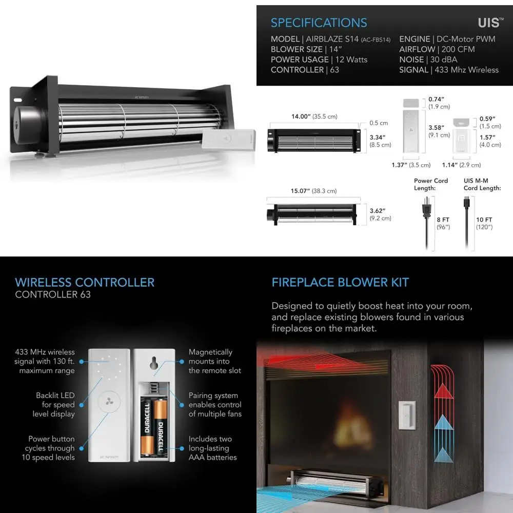 

Universal 14 Fireplace Blower Fan Kit with 10-Speed Wireless Controller, Compatible for Various Brands
