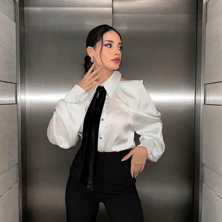

Fmxires New Solid Loose Spliced Hollow Out Blouse for Women Lapel Long Sleeve Patchwork Single Breasted Top Female Clothing