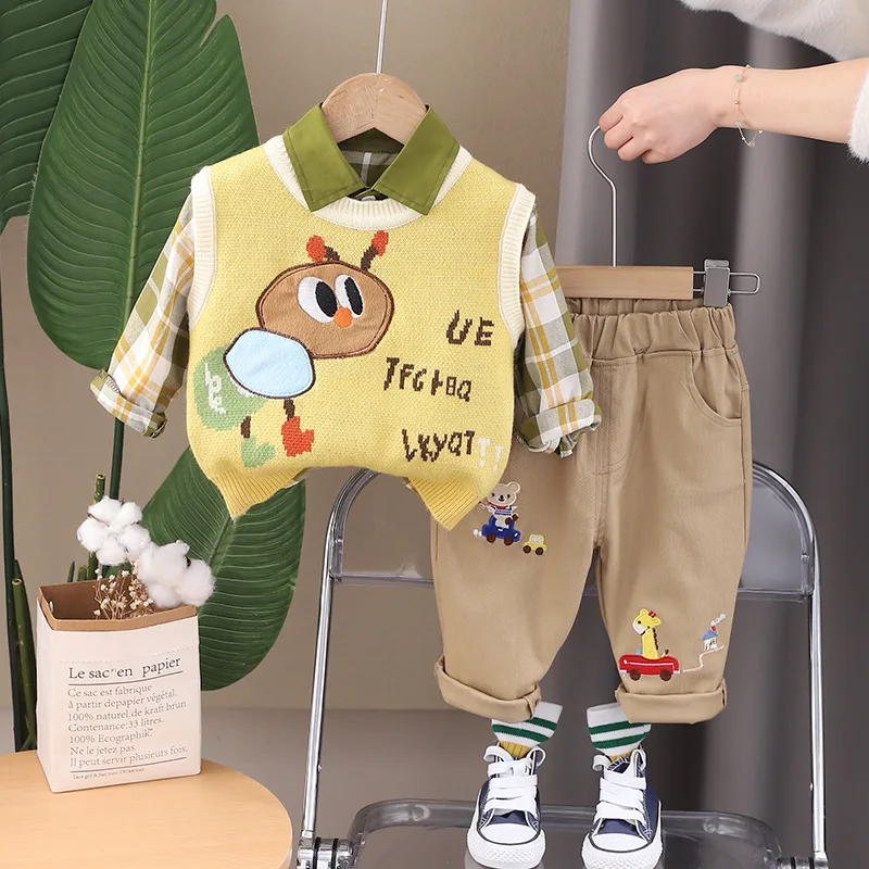 Boys Clothing Sets 2024 Spring Autumn Children Knitted Vest Shirts Pants 3pcs Suit For Baby Tracksuits Kids Outfits Toddler 4 5Y