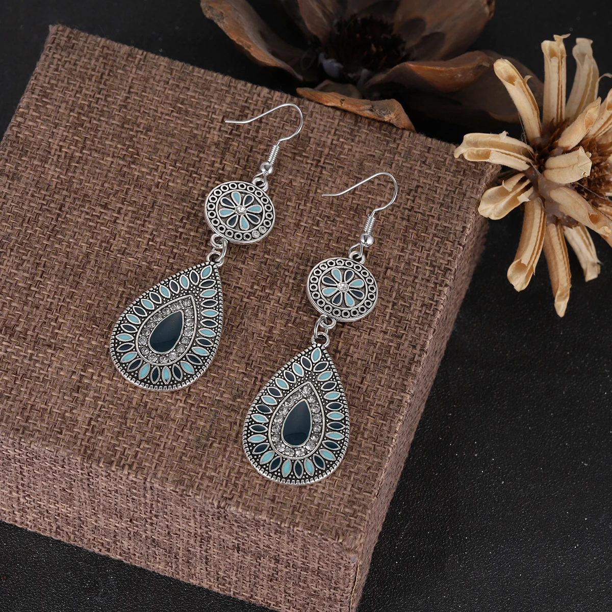 Bohemia Double Layer Flower Round Earring Women's Vintage Multicolor Enamel Floral Waterdrop Pendant Earrings Fashion Jewelry