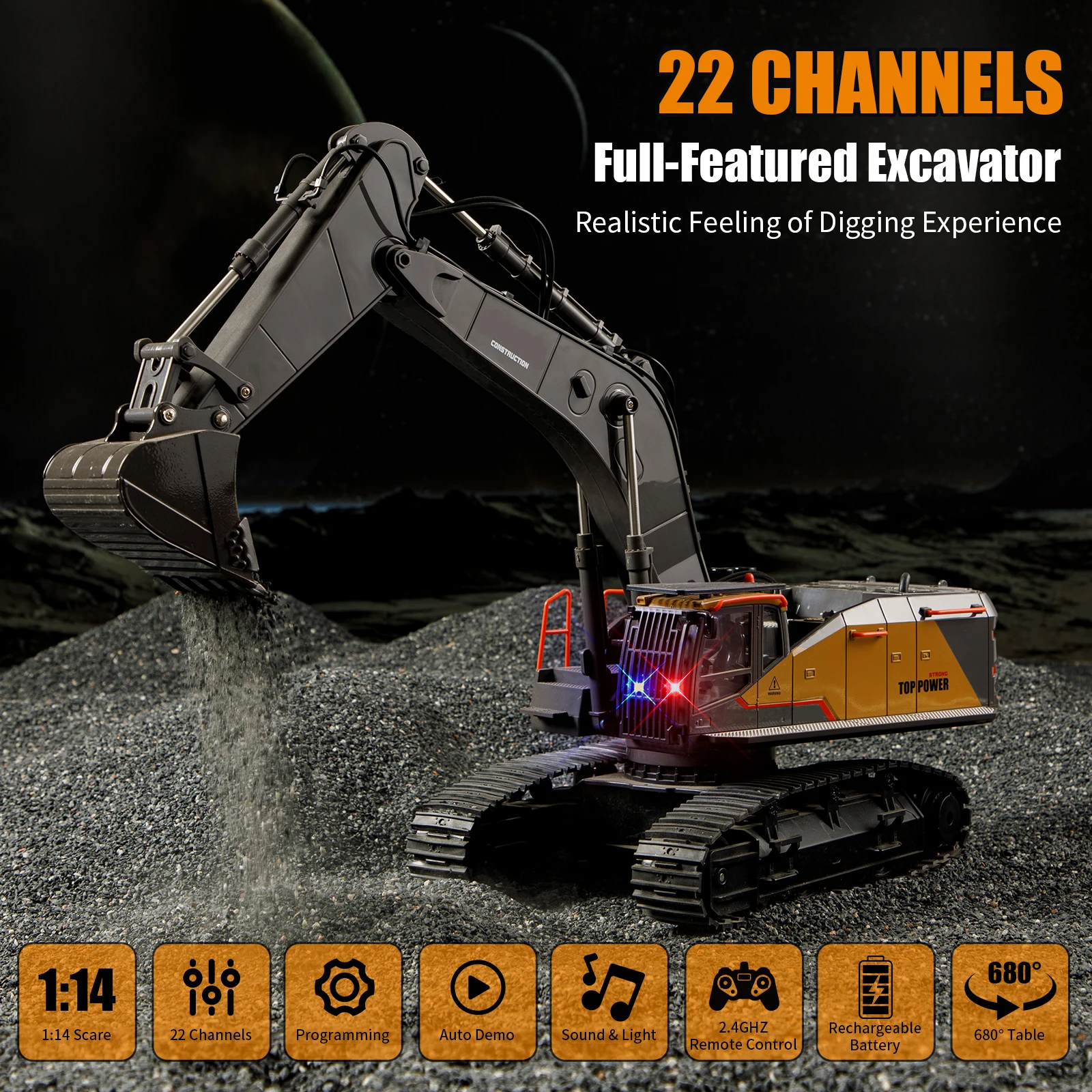 20.4 Inch 22 Channels RC Excavator Truck 1/14 Scale Metal Shovel Independent Arms RC Digging Machine Alloy for Boys Kids 8y+