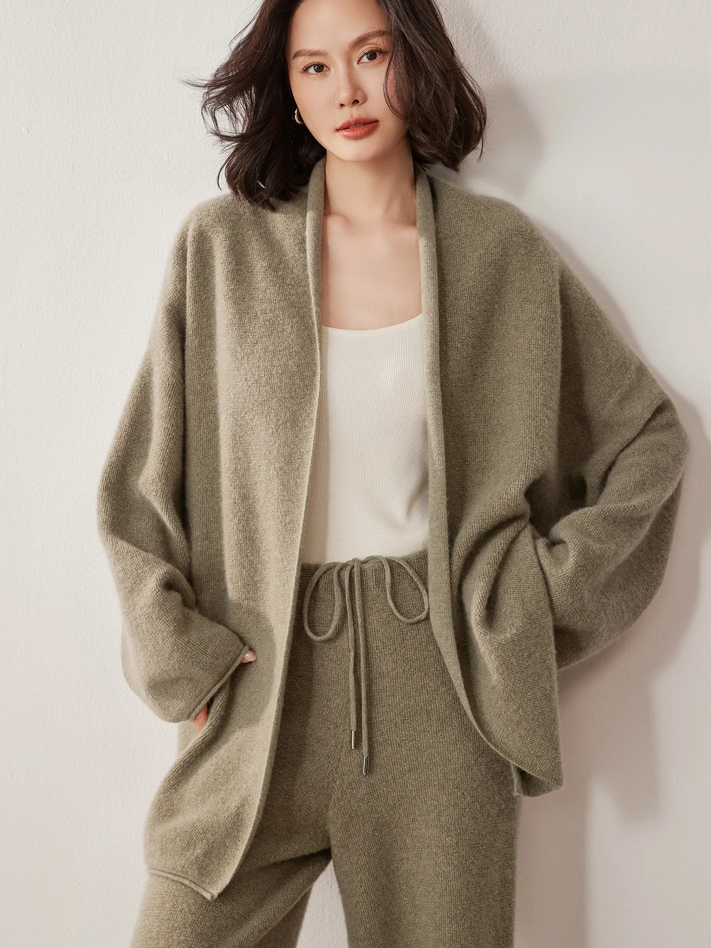 Autumn Winter 100% Cashmere Suit Women's Cardigan Knitted Sweater Soild Tops High Waisted Wide Leg Pants Sets High-end Comfort