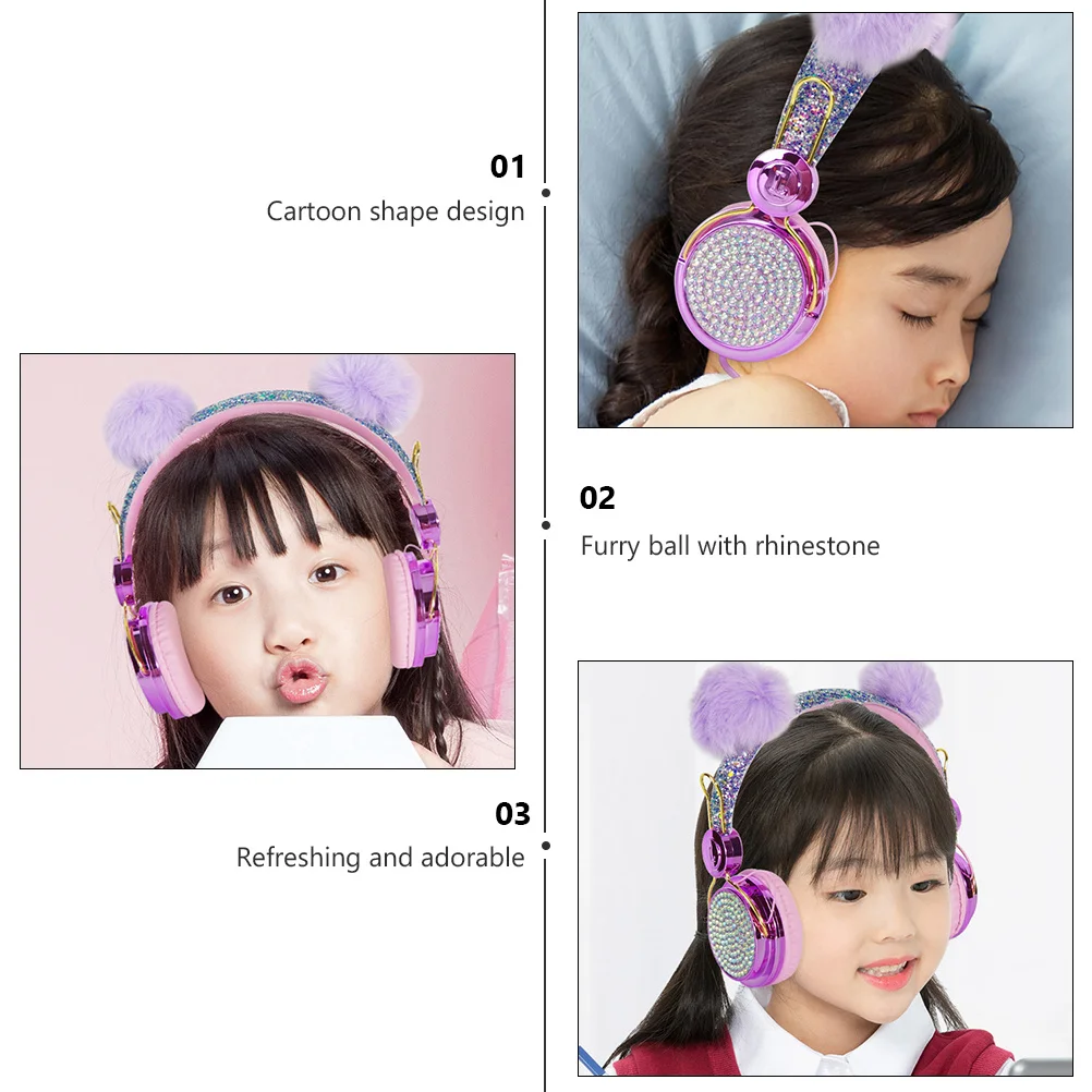 

Headset Rhinestone Glitter Ball Headphones Adjustable Headband 3.5mm Plug Mic Headphones for School Travel