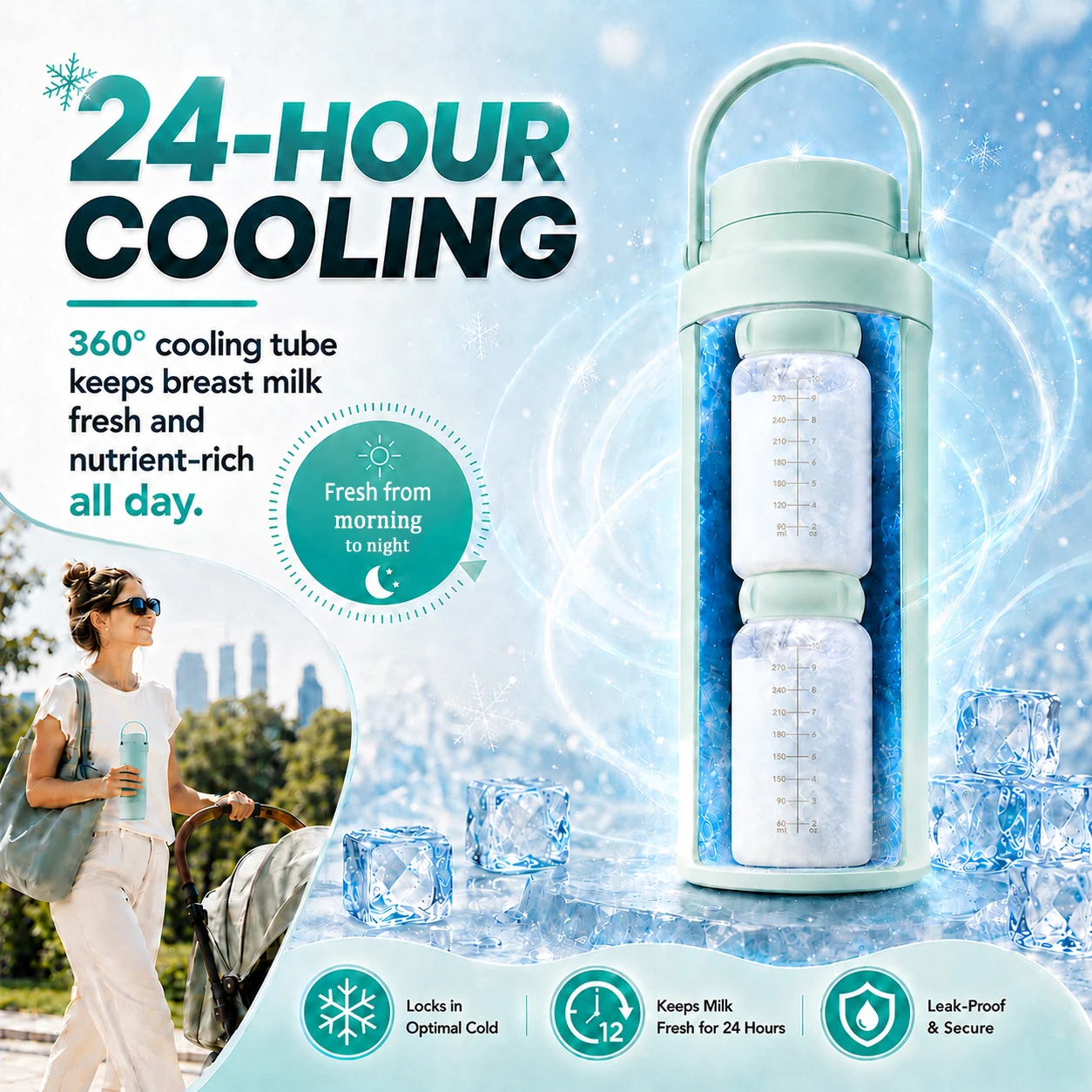Kmaier Breast Milk Cooler 24H Fresh Keep Stainless Steel Chiller 2*300ml Bottles Leakproof Hand Jug Working Mom Travel Feeding