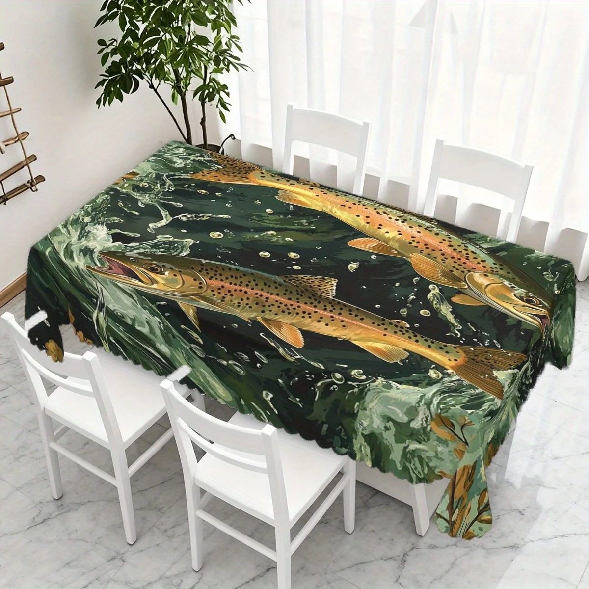 Vintage Spotted Trout Stream Water Print Waterproof Washable Tablecloth, Rectangular Table Cover for Indoor Dining Room Decor