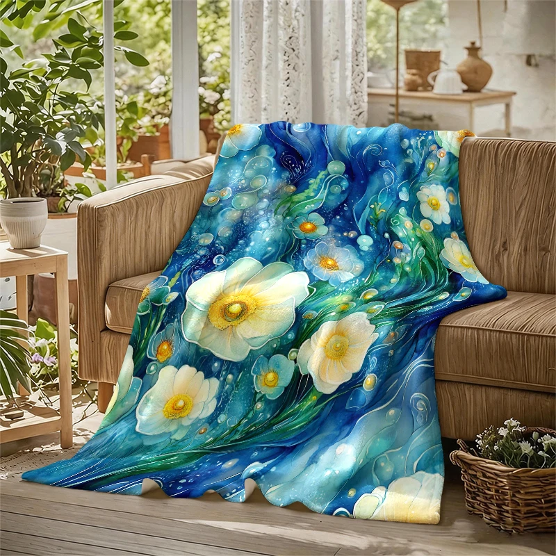 Blue White Bubble Florals Ultra-Soft Fluffy Flannel Blanket Super Cozy Lightweight Bed Blanket for Halloween Sofa Bed Christmas