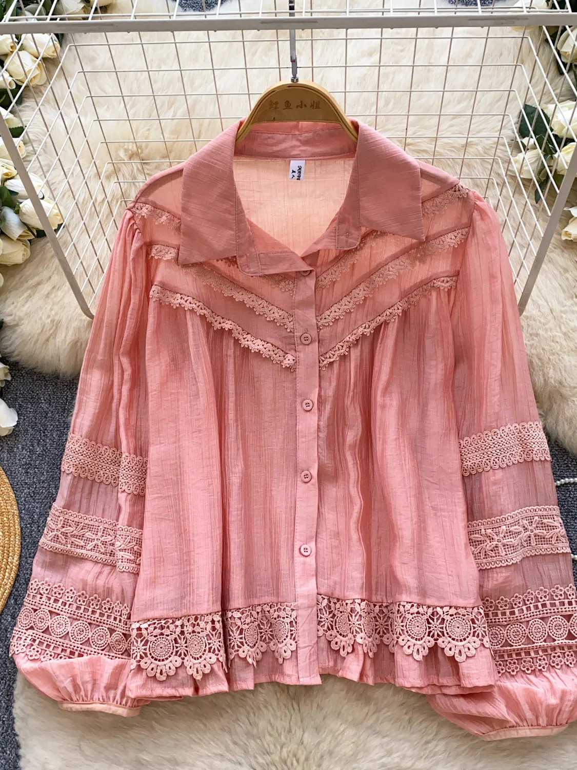 

New Embroidered Lace Long Lantern Sleeve Shirt Women's Spring Cardigan Loose Blouse Tops Clothes
