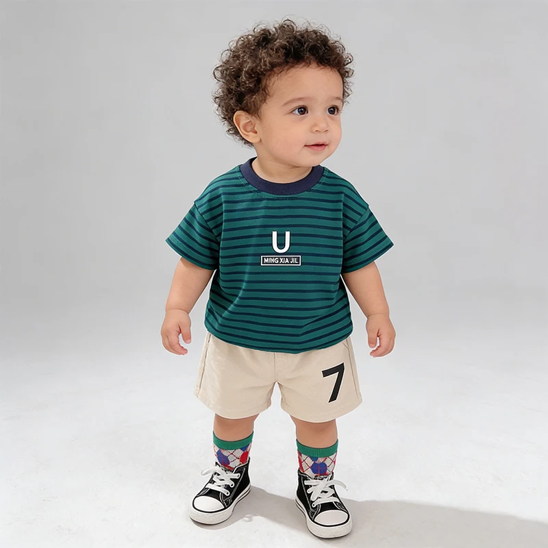 

Комплект с короткими рукавами для маленьких мальчиков. Футболка с полосатым принтом для маленьких мальчиков + повседневные шорты. Комплект из двух предметов. Высококачественная детская одежда.