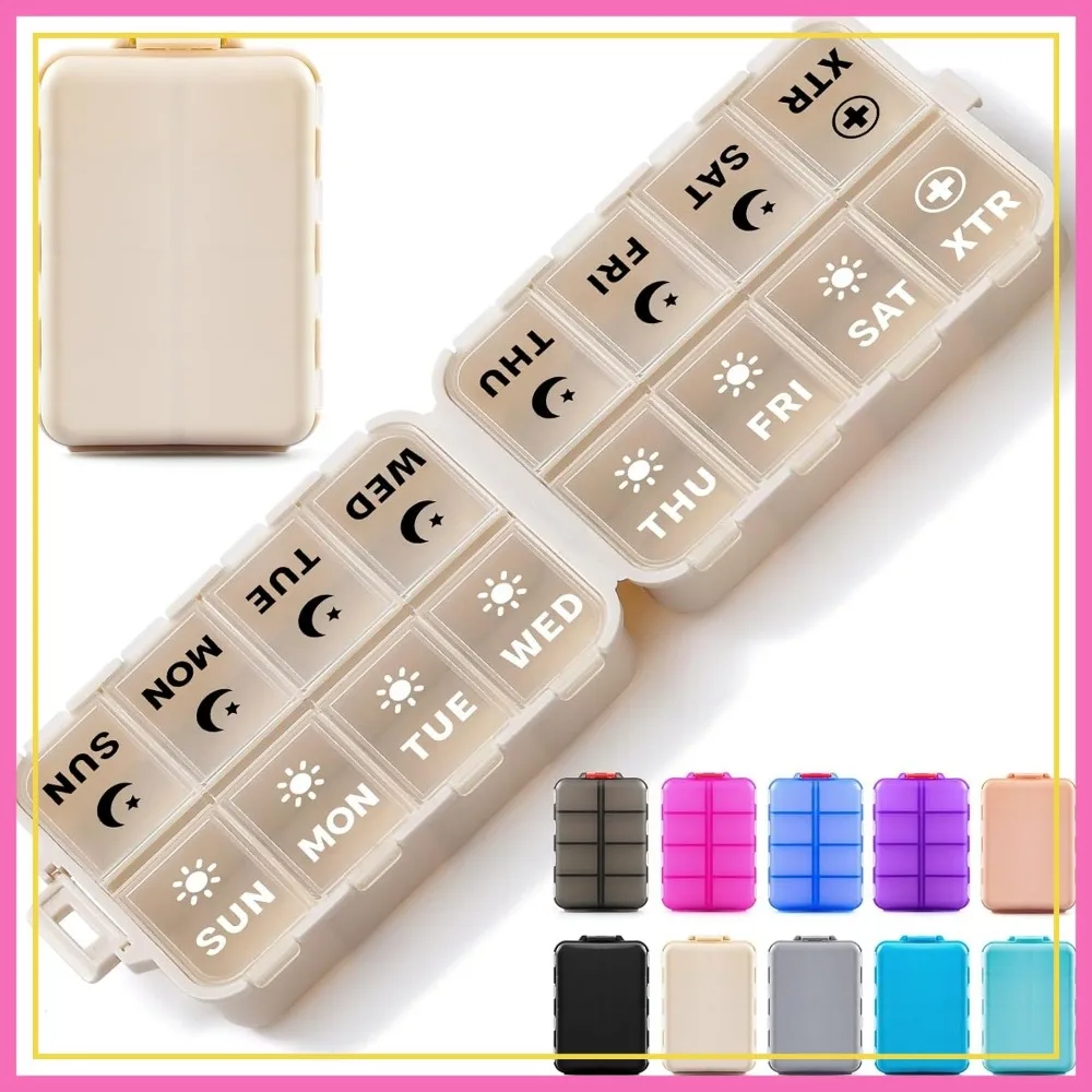 

Foldable 7-Day Pill Organizer, 2 Times Daily, 2 Extra Compartments, Portable Medicine Box for Travel, Khaki