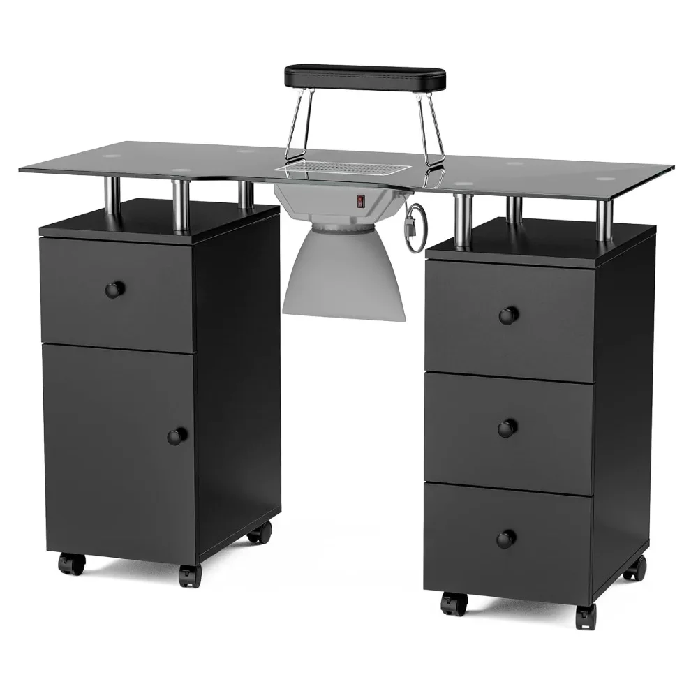 Table de Manucure en Verre, Bureau de Maquillage pour Module d'Ongles avec Évent betérieur Électrique, Rangement de Proximité