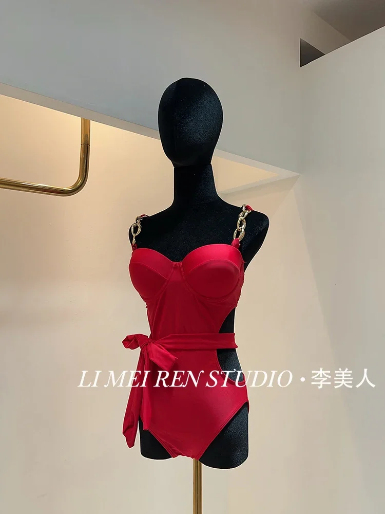New Red Sexy and Spicy Girl Style Waist Strap Steel Bracket Gathers in One Piece Swimsuit