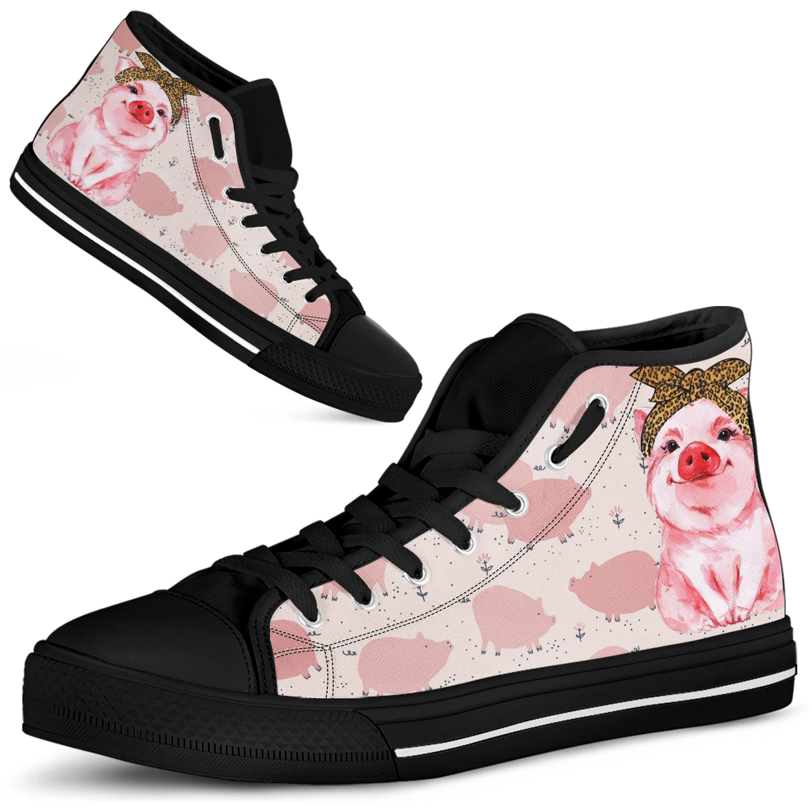 ELVISWORDS Cute Cartoon Pig Comfortable Lace-up Women's Shoes Abstract Hand Drawn Cartoon Pig High Top Shoes Chaussure Femme