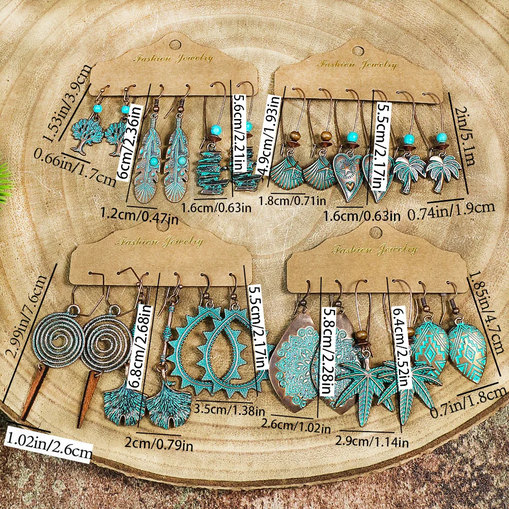 على شكل قلب سبائك الزنك انخفاض القرط مجموعة الجمع ، دائري تصميم جوفاء ، ورقة ريشة قذيفة هدية ، والأزياء نمط خمر