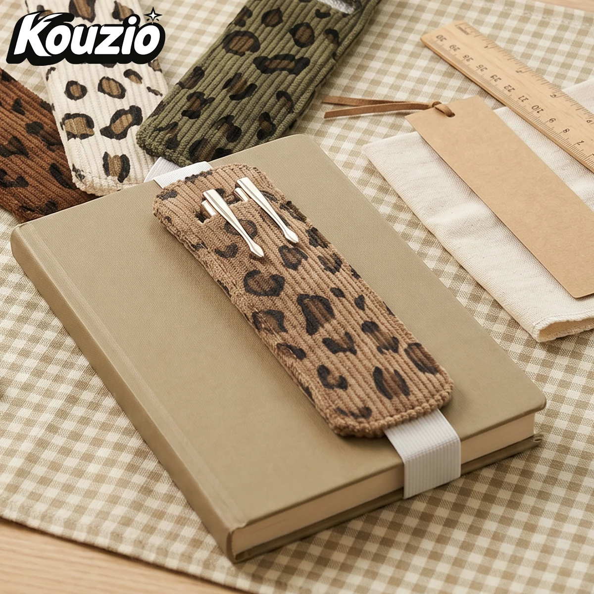 1pc Corduroy Leopard Print Elastic Book Pen Holder Strap,Portable Single Pen Sleeve, Vintage Pencil Storage Pouch Back To School