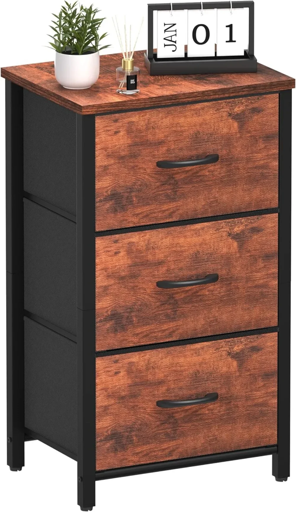 Nightstand with 3 Fabric Drawers, Dresser for Bedroom Storage Drawer Tower, Small End Table Bedside Furniture Dressers & Chests