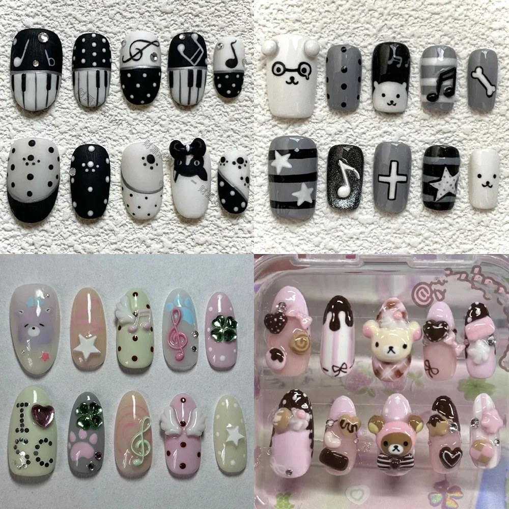 10 pièces Kawaii Anime Rilakkuma lapin à la main portable couverture complète ongles ailes nœud papillon Dessert diamant étoiles perle presse sur les ongles