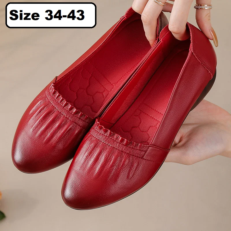 

New genuine leather red wedding flats women's concise pointy toe shoes woman soft wrinkles luxury moccasins ladies office flats
