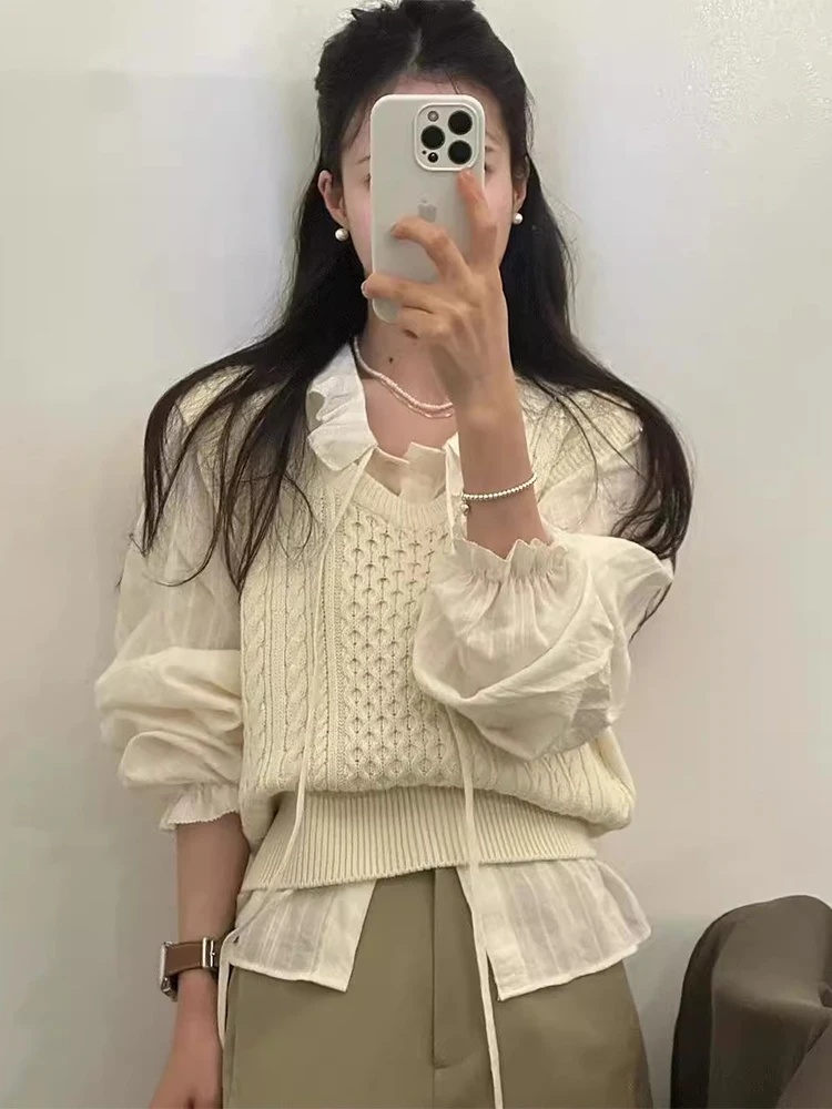 South korea Chic Autumn  Versatile V-neck Soft Glutinous Loose Casual Overlapping Wear Hemp Pattern Sweater vest Vest Women