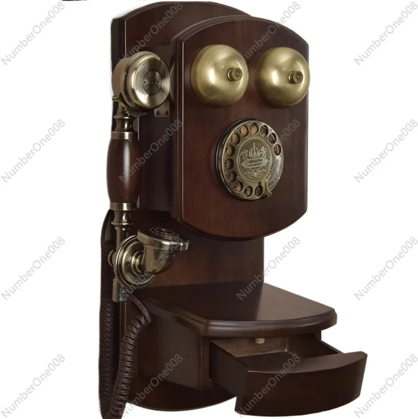 

Antique vintage Solid wood fixed telephone Wall-Fashion mounted home telephone old fashioned mechanical bell rotary dial