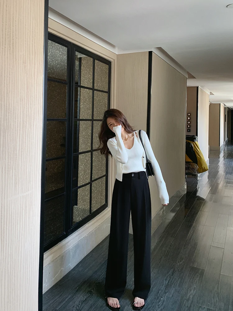 

Брюки Bigyu с высокой талией, прямые, корейский стиль, для офиса, весна-осень, с улучшенным драпированием, широкие штанины