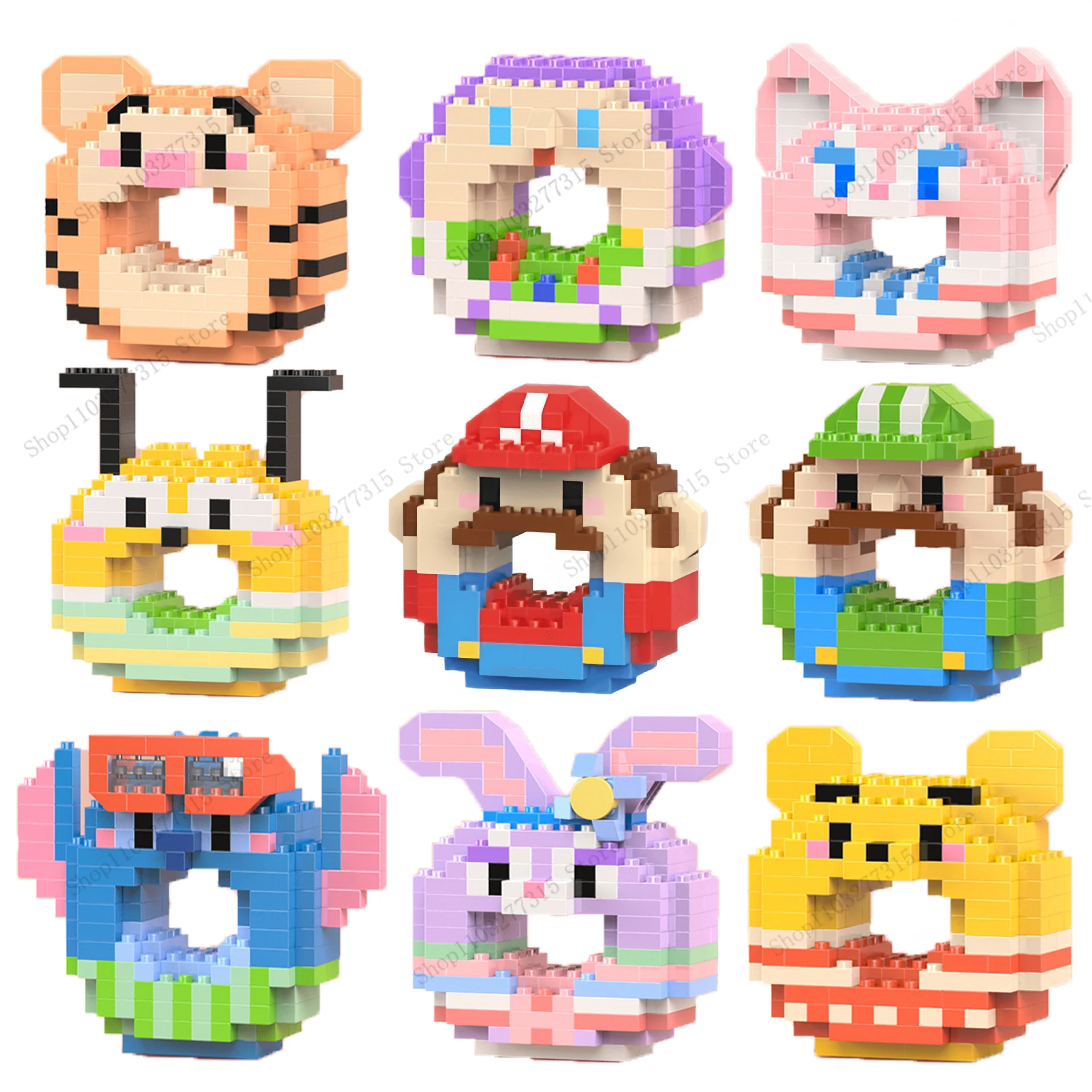 

New donut image Stitch Mickey Winnie the Pooh Mario series building block cartoon doll children's puzzle assembly toy DIY gifts