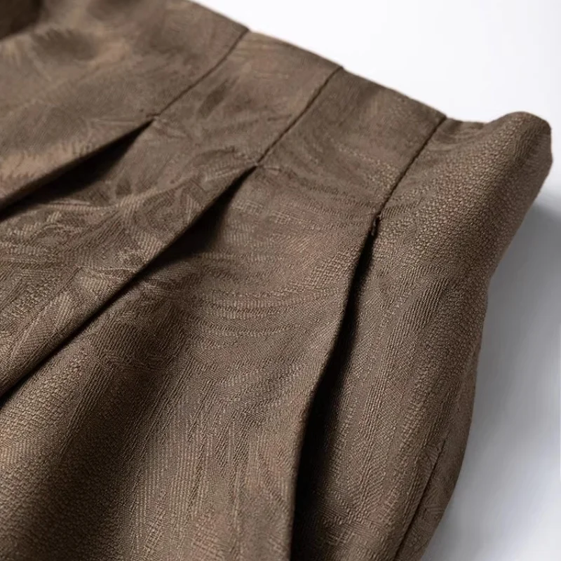 Birdtree 28M 100% Real Spun Silk Solid Pants,Women Jacquard Elastic Waist Autumn French Style Wide Leg Pant With Pocket P58002JF