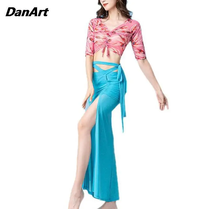 New Women Belly Dance Top+Split Skirt Set Stage Competition Performance Costume Sexy Oriental Dance Long Dress Set