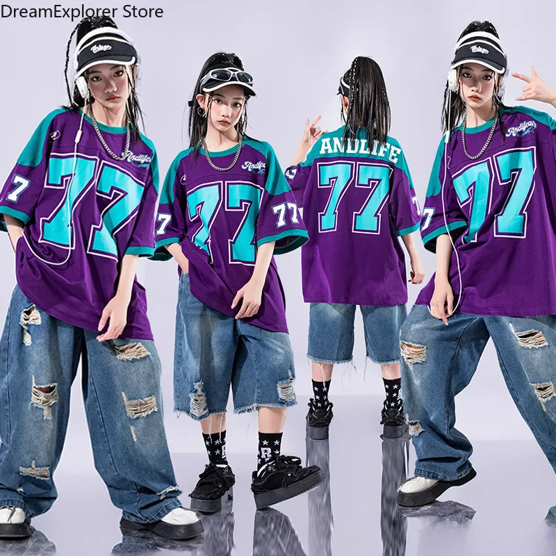Hip Hop Boys Numbers T-shirt Ripped Jeans Pants Street Dance Shorts Girls K-pop Jazz Costume Children Clothes Set Kid Streetwear