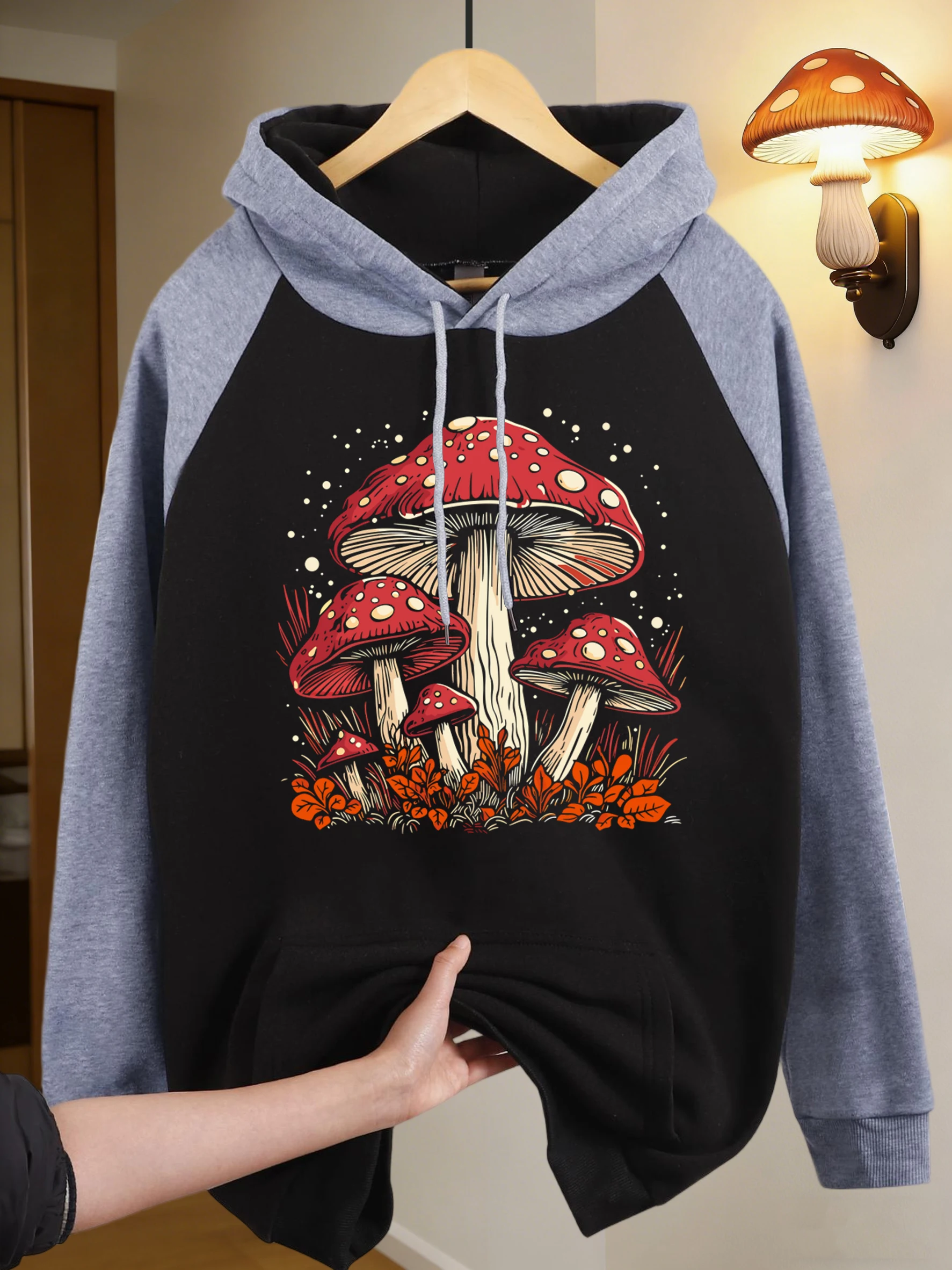 

Женские худи с рукавами реглан и графическим принтом «Красный гриб», с карманами, осенние, модные, флисовые, в стиле стритвир, хип-хоп одежда