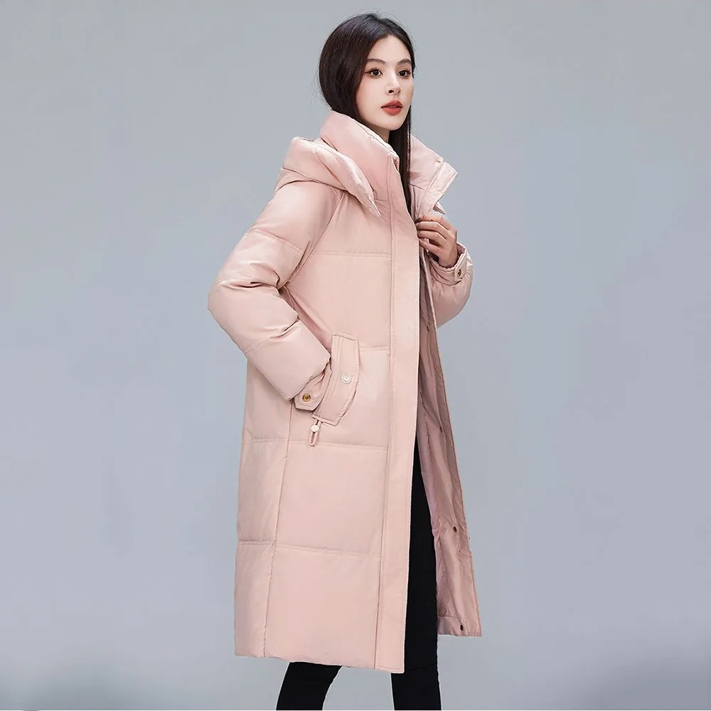 High-end Down Jacket Women's Long 2024 Winter Temperament Fashion Hooded Warm And Slim White Duck Down Loose Coat Women Tide.