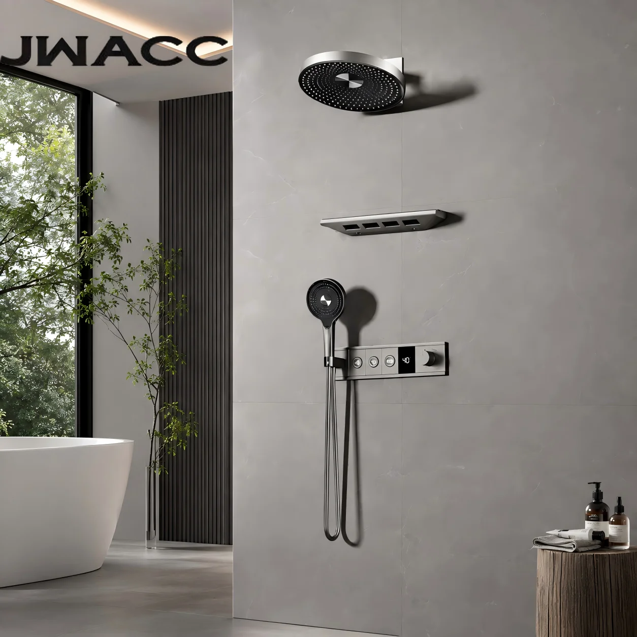 Luxury Gunmetal Grey Brass LED Digital Display Shower System 3-Function Wall Embedded Rainfall Faucet Mixer Tap Fixtures